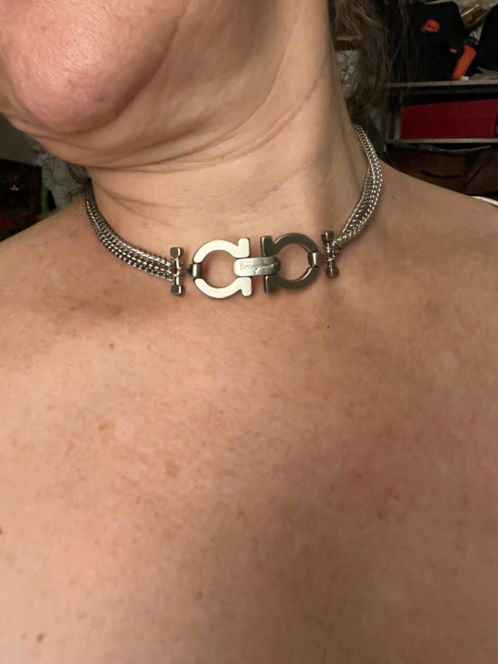 Custom Ferragamo Gancini Hardware Necklace Silver Multi-strand Chain 14.5-15.5” - Picture 8 of 9